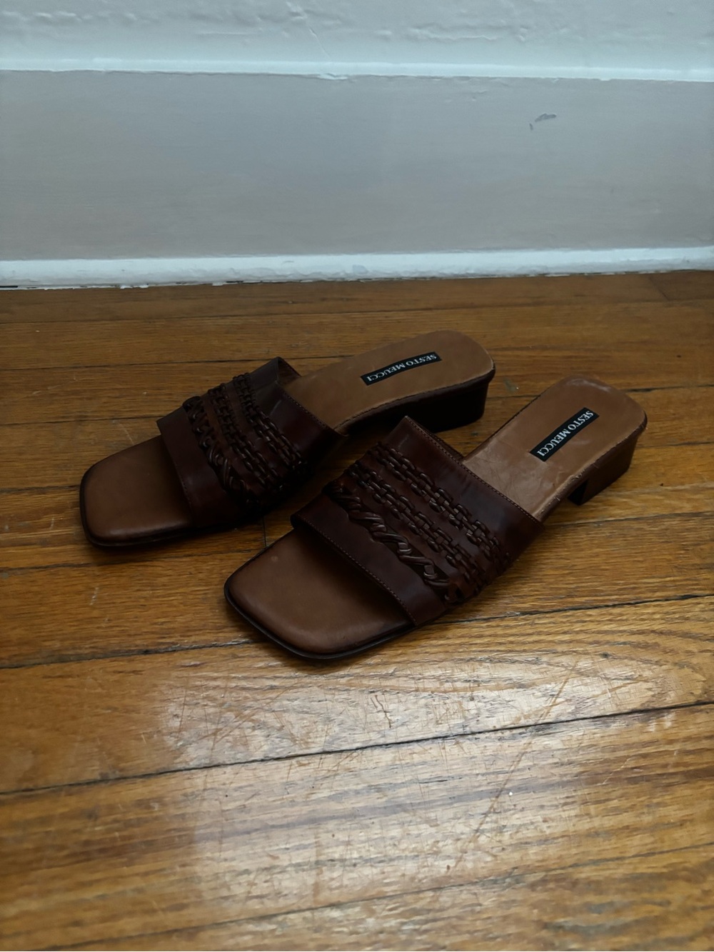 Brown Woven Leather Slide Sandals - Vintage Sesto Meucci